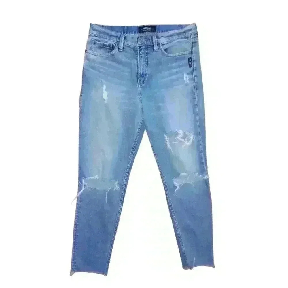 Silver Distressed Mom Jean